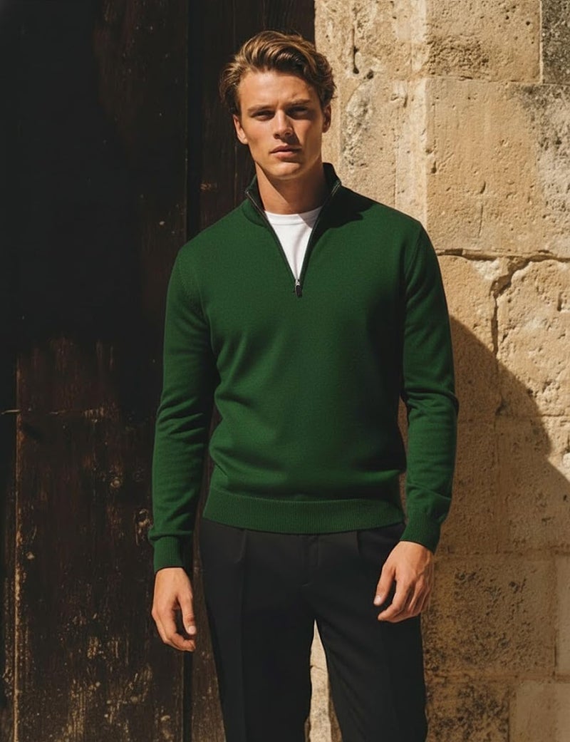 H2H Men's Quarter Zip Sweater Slim Fit Casual Knitted Turtleneck Pullover Mock Neck Polo Sweater Green US L/Asia XL (KMOSWL021) - Image 2